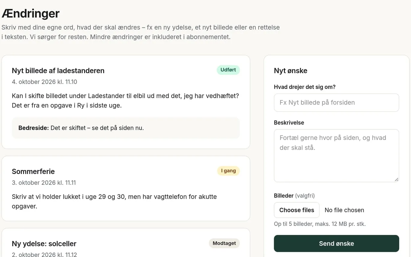 Kundeportalen: ændringsønsker med status Udført, I gang og Modtaget, og en formular til et nyt ønske.