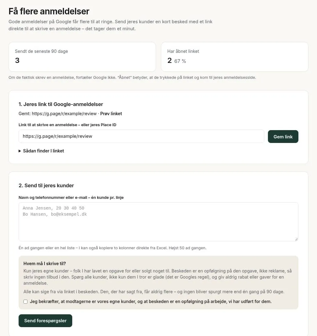 Kundeportalen: Få flere anmeldelser – jeres link til Google-anmeldelser, kunder at sende til og hvem der har åbnet linket.
