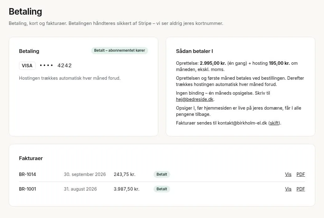 Kundeportalen: betalingskort, abonnementets status og en liste over betalte fakturaer.