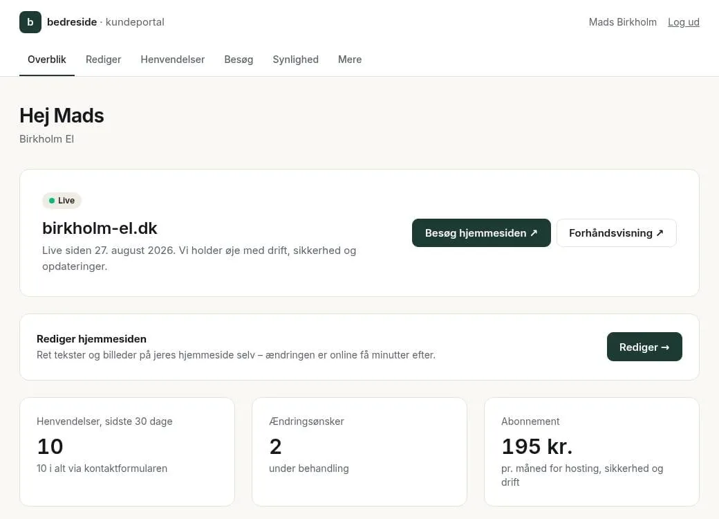 Kundeportalens overblik: siden er live, ret hjemmesiden, henvendelser, ændringsønsker og abonnement.