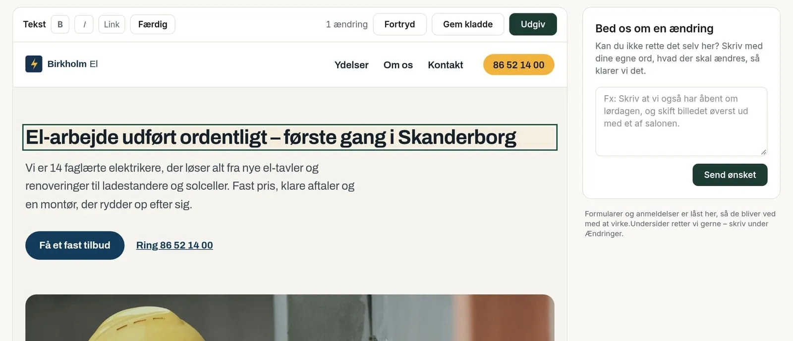 Kundeportalen: en overskrift på forsiden rettes direkte på siden, med knapperne Gem kladde og Udgiv.